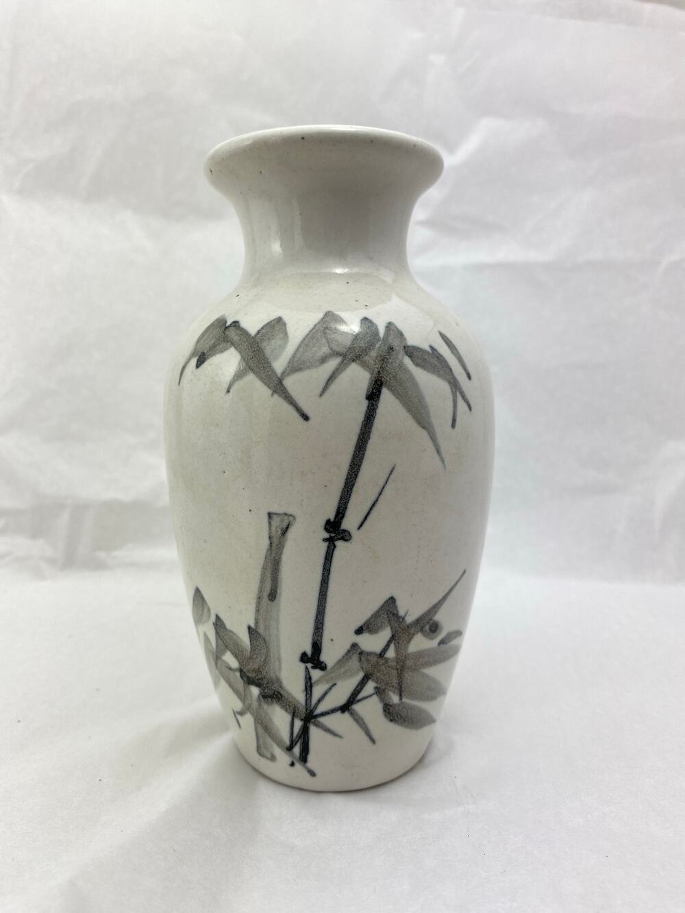 Vintage Asian Ceramic Bud Vase Hand Painted Black Bamboo